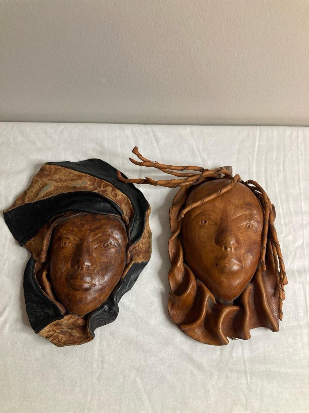 (2) Vintage Hard Leather African Tribal Masks Wall Decor Hanging Women